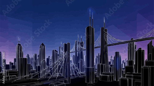 Futuristic Cityscape Skyline at Night with Neon Lights.