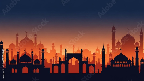 Islamic Mosque Silhouette at Sunset with Minarets and Domes