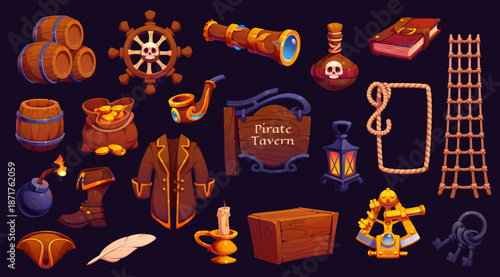 Cartoon pirate icons of treasure chest, ship captain hat, rum bottle and wheel with skull, vector game UI assets. Caribbean Sea corsair and pirate gold coins bag, spyglass and rope cartoon icons