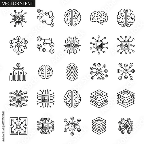 Black and white line art icons of brains and circuit boards for technology and innovation concepts