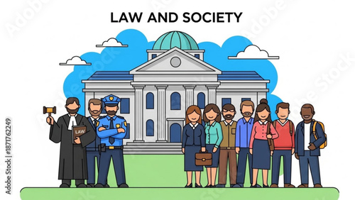 Diverse Group of People Standing in Front of Courthouse with Policeman and Lawyer