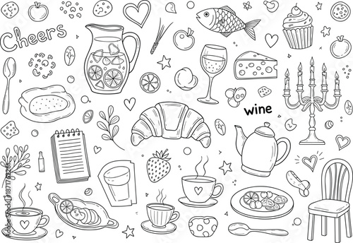 food, drink, wine, tea, coffee, bread, croissant, cupcake, cheese, fish, strawberry, lemon, pitcher, candelabra, chair, artwork