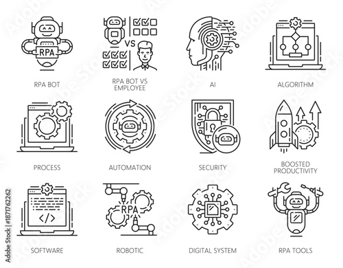 RPA icons of robot process automation, AI, automate technologies in business and industry. Vector line RPA bots, artificial intelligence engineer, digital data and SEO software icons set