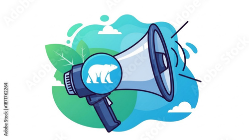 Megaphone with Elephant Icon Announcing Environmental Awareness on Green Background