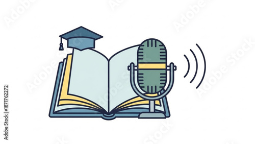 Graduation Cap on Open Book with Microphone, Education Concept