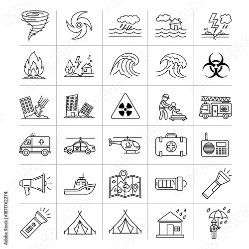 Emergency response icons for disaster relief and crisis management
