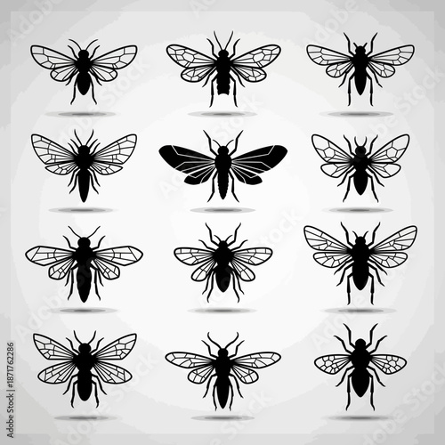 Collection of various fly silhouettes in different poses and angles