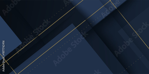 Dark black futuristic abstract vector background with shadow and gold straight lines. Modern creative halftone premium gradient. 3d cover of business design. Eps10 vector