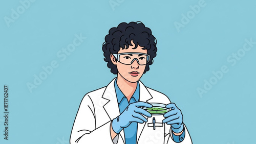 Female Scientist Holding Petri Dish with Green Substance in Laboratory Setting