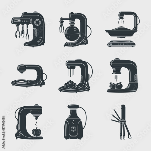 Collection of modern kitchen appliances and gadgets for cooking and baking