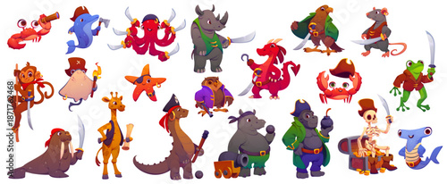 Cartoon animal pirate captain and corsair sailor characters set. Vector funny comic sea bandit crew with swords, hooks, eyepatches and pirate hats, emphasizing adventure, fantasy and swashbuckling fun
