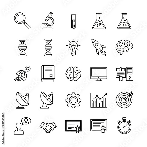 Collection of modern line icons for business and science concepts