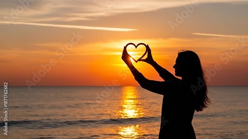 Woman holding heart outline against golden sunset, conceptual love, Valentine's Day.