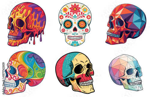Skull Vector Illustrations Colorful Various Styles  icon sheet , transparent background