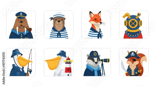 Cartoon Animals Dressed as Sailors and Photographers.