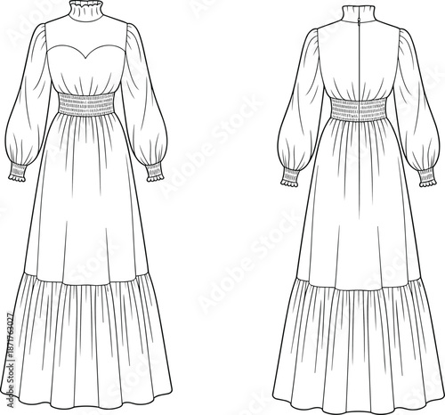 ull-length bishop sleeve dress fashion sketch, front and back view, ruffle neckline details, cad drawing flat vector illustration