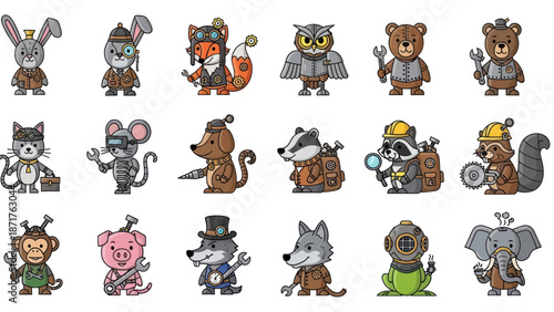 Cartoon Animals Wearing Hats and Outfits.