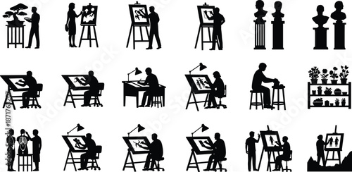 Black silhouette of pine tree forest on hill, nature landscape background, spruce fir wood, cad drawing flat vector illustration