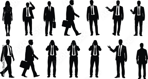 Business people silhouettes set, men in suits walking, talking on phone, corporate workers, office team, vector collection, manager, flat illustration