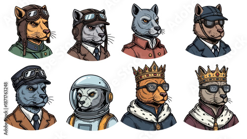Anthropomorphic Wolves in Various Costumes and Accessories.