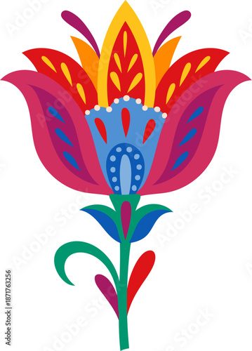 Mexican folklore holiday abstract flower decoration with red yellow and orange bud. Hispanic culture plant object, Mexican folk nature isolated vector element. Mexico ethnic flower decor