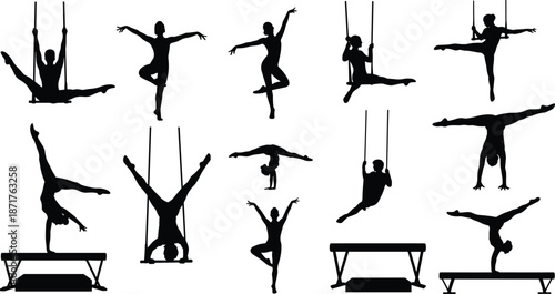 Collection of black silhouettes of female gymnasts and acrobats performing on trapeze and balance beam, athletic sports poses, cad drawing flat vector illustration