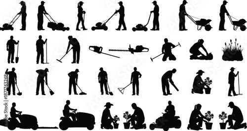 Collection of gardening silhouettes depicting people working with lawnmowers, shovels, rakes, and wheelbarrows for landscaping, farming, and agriculture vector design.