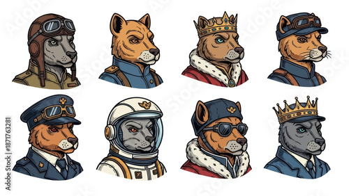 Cartoon Dog Heads Wearing Various Uniforms.