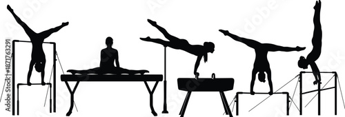 Gymnasts silhouettes set, vector athletes collection, artistic gymnastics, balance beam, uneven bars, flexible acrobat girls, sport competition exercises, flat illustration
