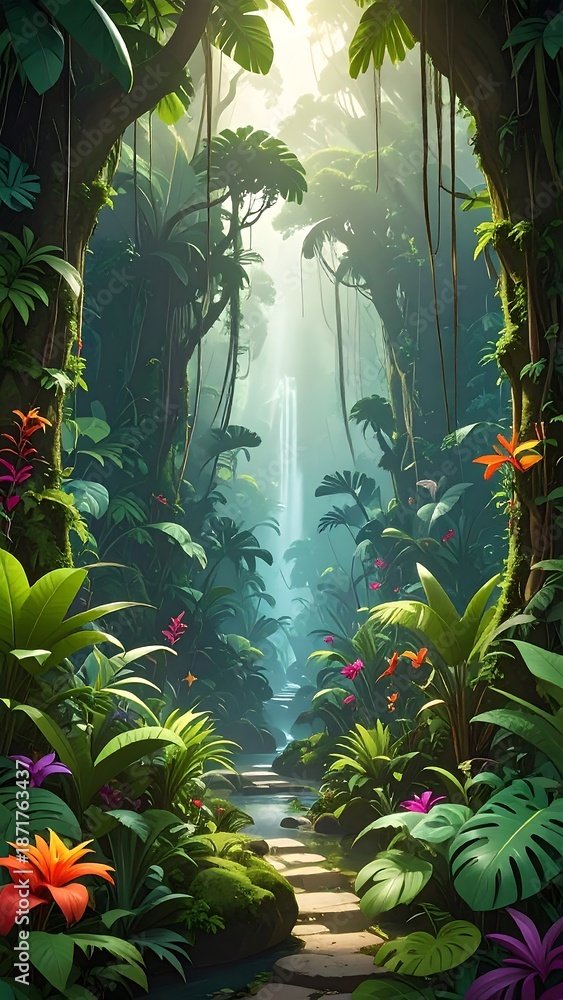 Naklejka premium Lush, vibrant jungle scene, illuminated by sunlight through canopy