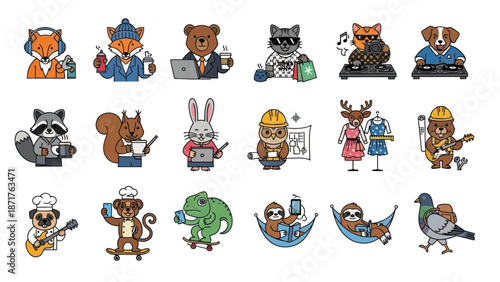 Collection of Cartoon Animals in Various Outfits.