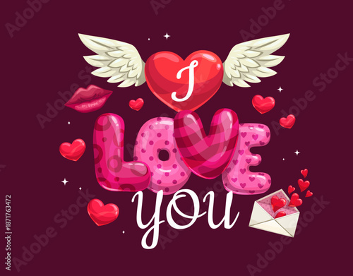 I love You Valentine day greeting card quote with heart on wings, vector background. Valentine day or love holiday greeting card with love message envelope, kiss lips and heart balloons for wedding