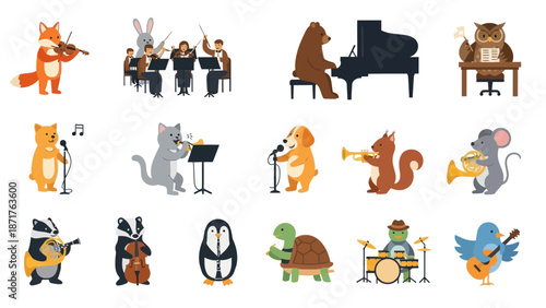 Cartoon Animals Playing Various Musical Instruments.