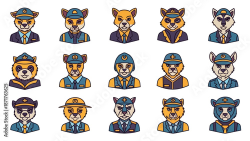 Cartoon Animal Characters Wearing Sunglasses Hats.