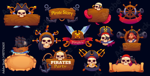Cartoon Caribbean pirates and corsairs game icons and heraldry. Vector set of labels and emblems featuring skulls, swords, ships, anchors, steering wheels, and scrolls for party invitations and games