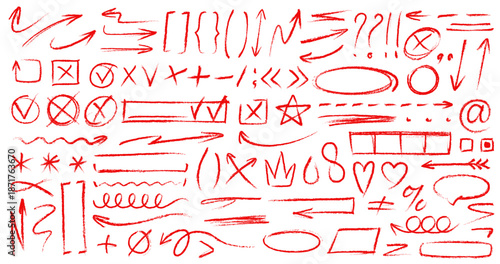 Hand drawn doodle red crayon pencil lines, chalk and brush stroke vector elements. Arrows, abstract shapes and scribbles, check mark, star, emphasis and underline, heart, crown red crayon sketches