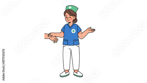 A cartoon woman wearing a green cap and blue shirt is standing with her hands outstretched in a gesture of explanation or inquiry.