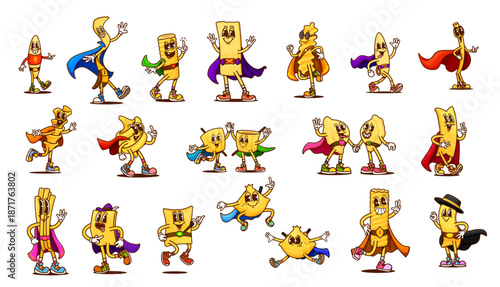 Cartoon groovy italian pasta food superhero characters. Vector retro hippie noodles in hero costumes with happy smiling faces. Funny groovy lasagna, fusilli, tortellini and rigatoni pasta characters