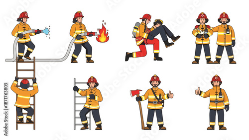 Firefighters in action, rescuing people and extinguishing fires with various equipment and techniques