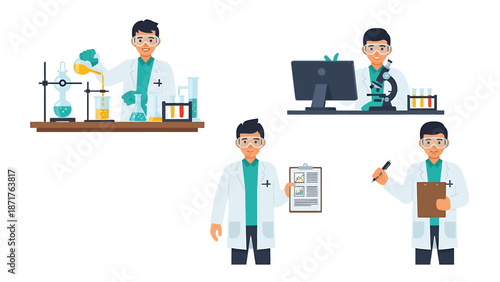 Scientists conducting experiments and research in a laboratory setting with various equipment