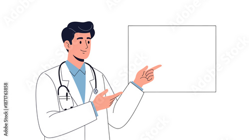 A doctor in a white lab coat gesturing towards a blank sign