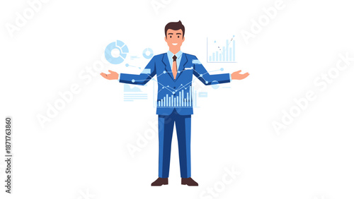 A businessman gesturing expansively in a blue suit with graphs floating around him