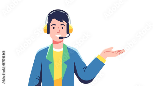 A customer service representative wearing a headset and gesturing with an outstretched hand