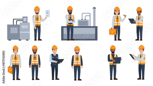 Industrial workers in safety vests examining equipment and documents in a factory setting