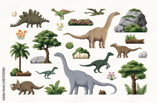 8 bit pixel art prehistoric dinosaurs characters and plants. Pixelated vector dimorphodon, velociraptor, therizinosaurus and triceratops dinosaurs, tree and fern, flower, dino egg, stones and stump