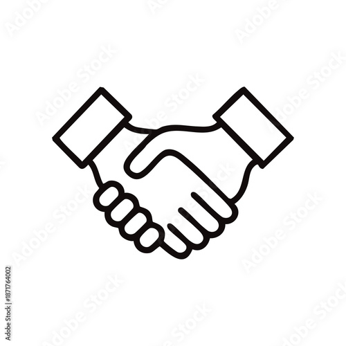 Simple black and white line drawing of two hands firmly shaking, symbolizing agreement, partnership, trust, and professional collaboration in a clean, minimal style.
