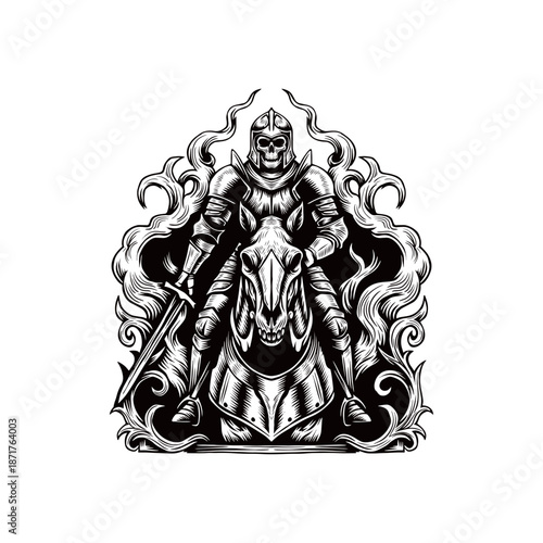 black and white hand drawn illustration of a knight on horseback