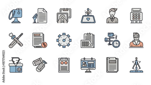 Collection of Various Office and Work Icons.