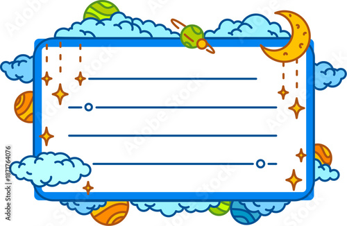 Sky clouds and space planets kids memo note template. Cosmos to do list memo note, blue sky kids scrapbook vector label. Universe schedule sticker or frame with blue clouds, space planets and stars