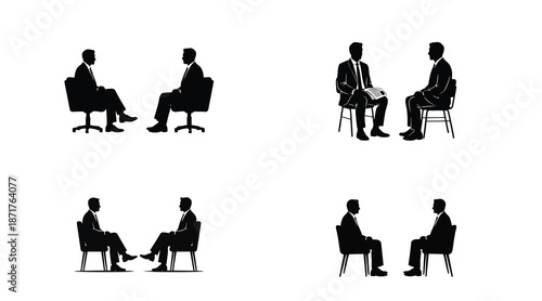 Seated Interview Conversation Silhouette Set – Business Meeting & Counseling Icons